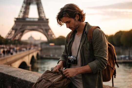 Young man exploring Paris, standing on a bridge checking his backpack with a camera hanging from his neck, the Eiffel Tower silhouetted in the background at sunset