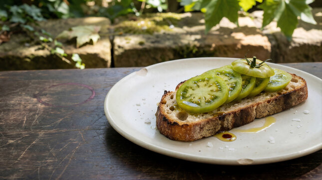 Macro ceramic plate with wood‑fired sourdough, heirloom tomatoes, olive oil, Adelaide laneway bokeh