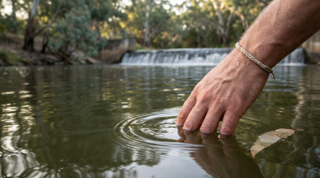 Macro hand trailing in River Torrens, olive‑green water ripple, eucalyptus bokeh