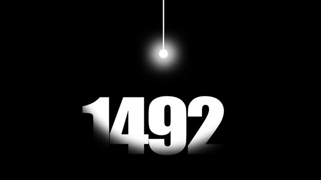 1492 Historical Date Animation with Swinging Light Bulb in Dark Background, Discovery of America Concept, Columbus Voyage Year Motion Graphic, Minimalist Typography Background