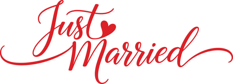 Just Married Handwritten Typography with Heart Symbol for Wedding Decoration, Bridal Shower Graphics, Romantic Celebration Designs, and Love-Themed Branding