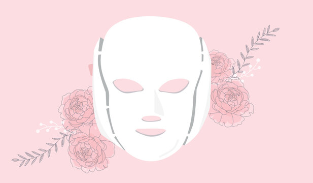A regenerative LED facial mask with a pink background featuring peony flowers. Facial beauty and health banner.