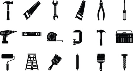 Obraz premium Construction and handyman tools icon set featuring hammer drill saw wrench ladder paint roller silhouette collection isolated on white background