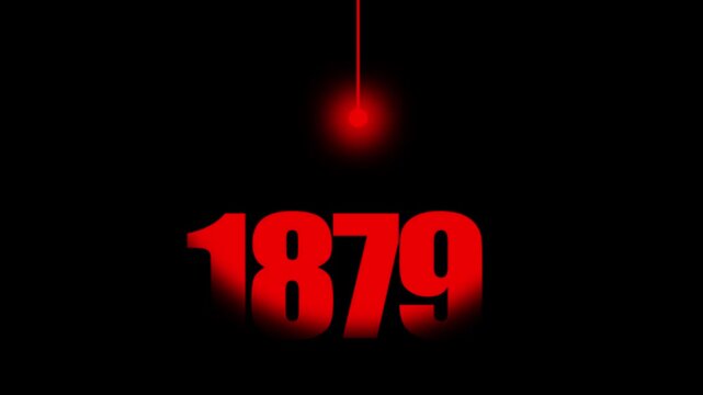1879 Historical Date Animation with Swinging Red Light Bulb in Dark Background, Edison Invention Concept, Electric Light Bulb Year Motion Graphic, Minimalist Typography Background