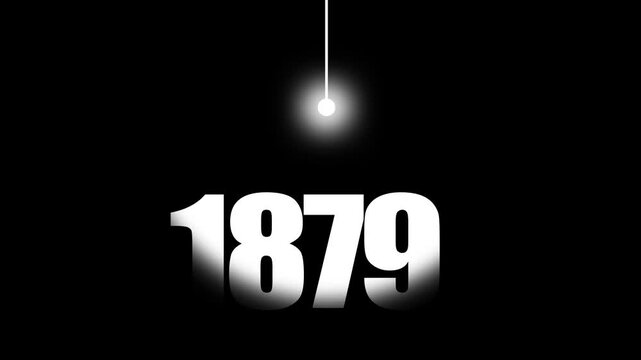 1879 Historical Date Animation with Swinging White Light Bulb in Dark Background, Edison Invention Concept, Electric Light Bulb Year Motion Graphic, Minimalist Typography Background