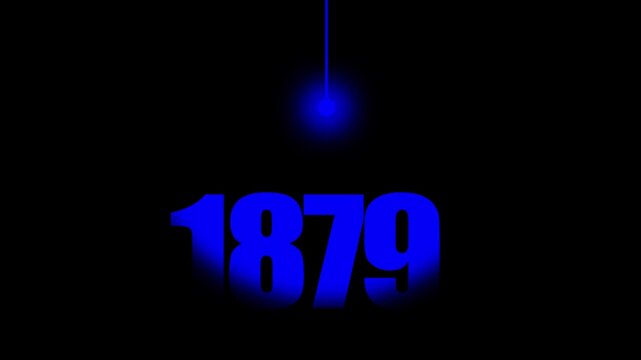 1879 Historical Date Animation with Swinging Blue Light Bulb in Dark Background, Edison Invention Concept, Electric Light Bulb Year Motion Graphic, Minimalist Typography Background