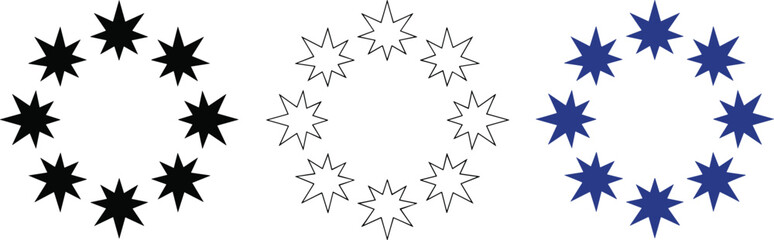 Obraz premium Star Circle Icon Set with Radial Arrangement for Decorative Design, Rating Symbols, Abstract Patterns, and Modern Graphic Collection