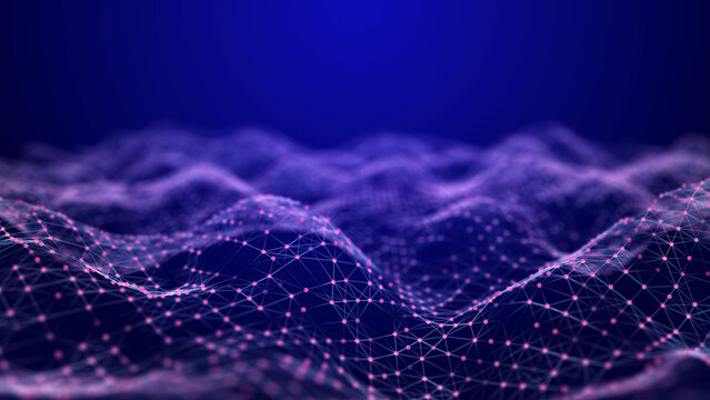 Dynamic wave of abstract intertwining dots and lines in space. 3D rendering.