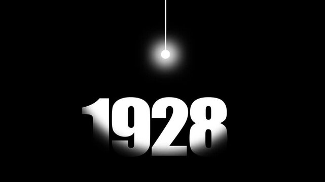 1928 Historical Date Animation with Swinging White Light Bulb in Dark Background, Early 20th Century Science & Technology Concept, Historical Year Motion Graphic, Minimalist Typography Background