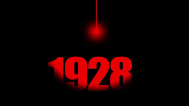 1928 Historical Date Animation with Swinging Red Light Bulb in Dark Background, Early 20th Century Science & Technology Concept, Historical Year Motion Graphic, Minimalist Typography Background