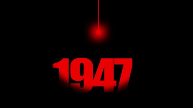 1947 Historical Date Animation with Swinging Red Light Bulb in Dark Background, India and Pakistan Independence Concept, Postwar / Historical Year Motion Graphic, Minimalist Typography Background