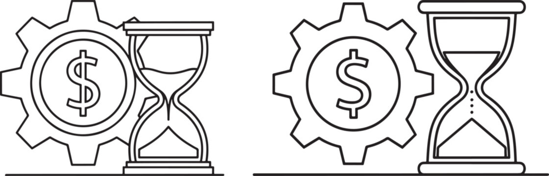 Hourglass and gear with dollar sign representing time and money with sand timer with white background