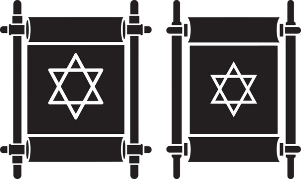 Two torah scrolls with star of david with sacred text with white background