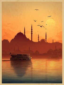istanbul sunset silhouette with boat