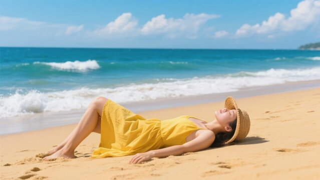 Woman in yellow dress relaxing on sandy beach near ocean waves