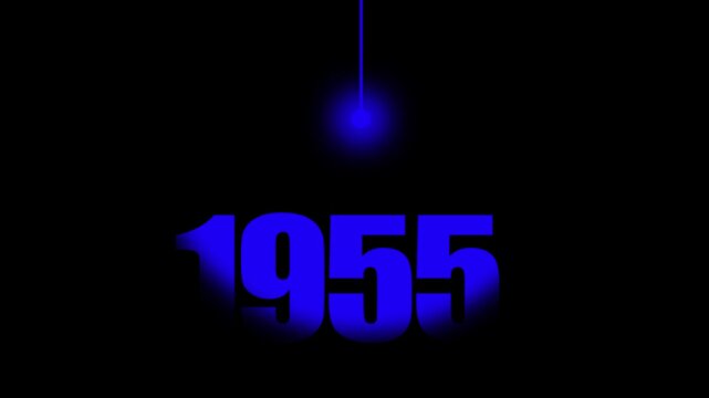 1955 Historical Date Animation with Swinging Blue Light Bulb in Dark Background, Postwar / Mid-20th Century Concept, Historical Year Motion Graphic, Minimalist Typography Background