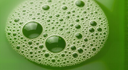 Close-up of green bubbles in vegetable juice for food advertising, health blogs, and beverage marketing.