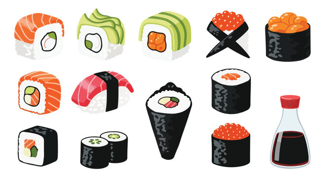 Colorful vector illustration showcasing a diverse collection of Japanese sushi, including maki, nigiri, and gunkan, with a soy sauce bottle.