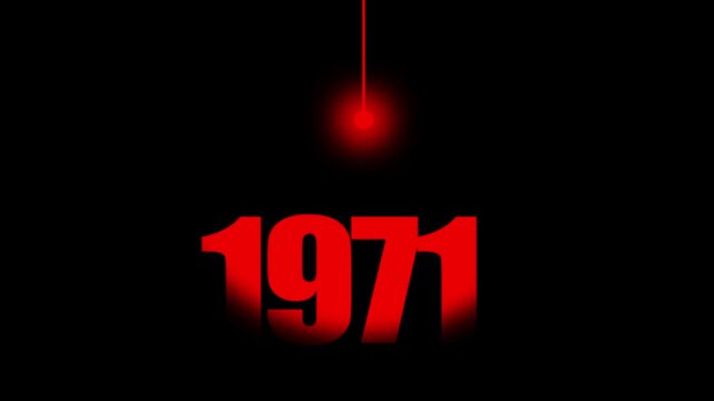 1971 Historical Date Animation with Swinging Red Light Bulb in Dark Background, Technological & Historical Milestone Concept, Year Motion Graphic, Minimalist Typography Background