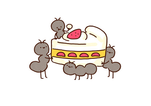 Cute ants working together to carry a big strawberry shortcake, teamwork concept