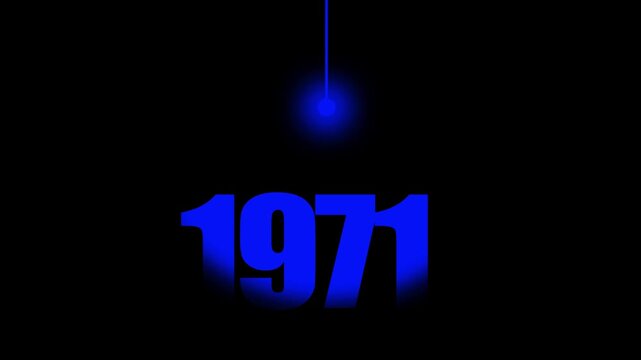 1971 Historical Date Animation with Swinging Blue Light Bulb in Dark Background, Technological & Historical Milestone Concept, Year Motion Graphic, Minimalist Typography Background