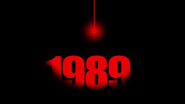 1989 Historical Date Animation with Swinging Red Light Bulb in Dark Background, Fall of Berlin Wall Concept, End of Cold War Year Motion Graphic, Minimalist Typography Background
