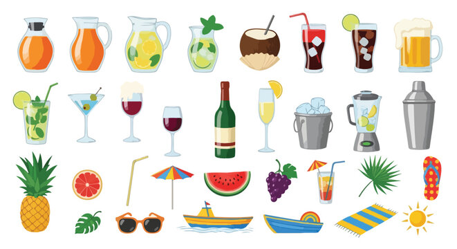 A vibrant collection of refreshing summer beverages, tropical fruits, and essential beach vacation accessories.
