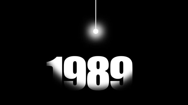 1989 Historical Date Animation with Swinging White Light Bulb in Dark Background, Fall of Berlin Wall Concept, End of Cold War Year Motion Graphic, Minimalist Typography Background