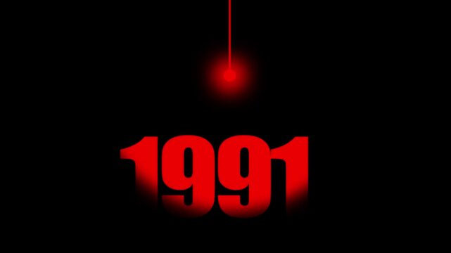 1991 Historical Date Animation with Swinging Red Light Bulb in Dark Background, Dissolution of the Soviet Union Concept, Post-Cold War Year Motion Graphic, Minimalist Typography Background