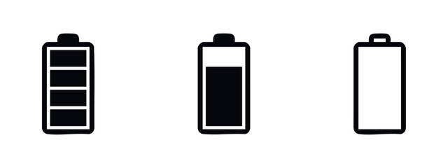 Battery level indicator icons set. Full, half, and empty battery charge status symbols. © Prokopchuk