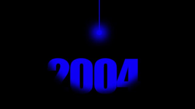2004 Historical Date Animation with Swinging Blue Light Bulb in Dark Background, Early Social Media & Technology Concept, Historical Year Motion Graphic, Minimalist Typography Background