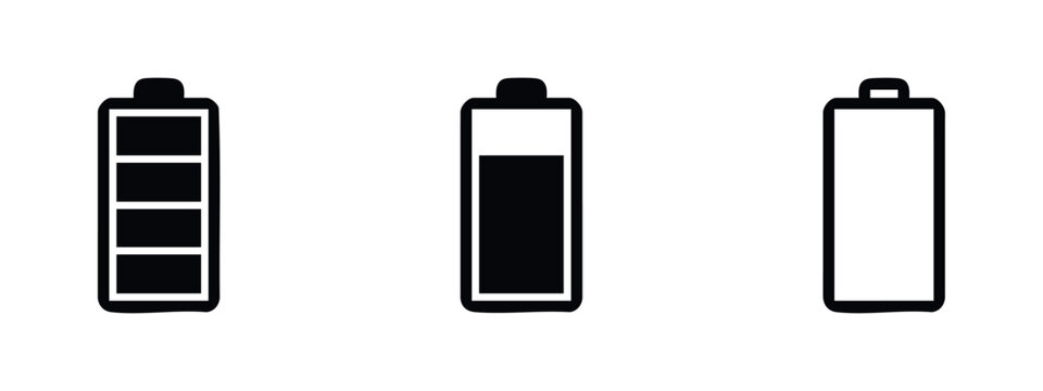 Battery level indicator icons set. Full, half, and empty battery charge status symbols.