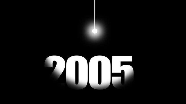 2005 Historical Date Animation with Swinging White Light Bulb in Dark Background, Early Social Media & Technology Concept, Historical Year Motion Graphic, Minimalist Typography Background