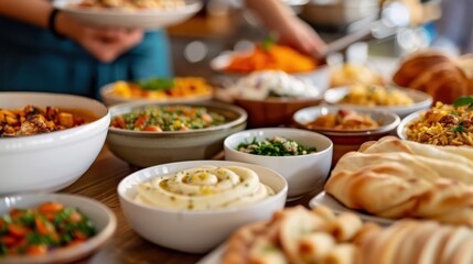 Obraz premium A traditional Jewish meal prepared in a kosher kitchen, focusing on kosher food safety and Jewish religious laws, emphasizing kosher dietary regulations and kosher meal standards