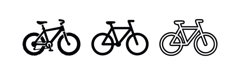 Fototapeta premium Set of black mountain bike icons in different styles, suitable for outdoor sports, recreation, and adventure concepts.