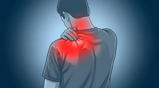 Man's hand massaging sore shoulder with visible red inflammation indicating pain and discomfort, showing signs of muscle strain or injury.