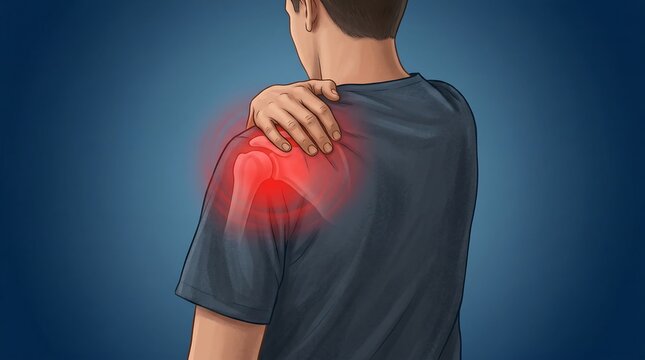 Person experiencing severe shoulder pain with glowing red inflammation around the shoulder joint, indicating injury or medical condition.
