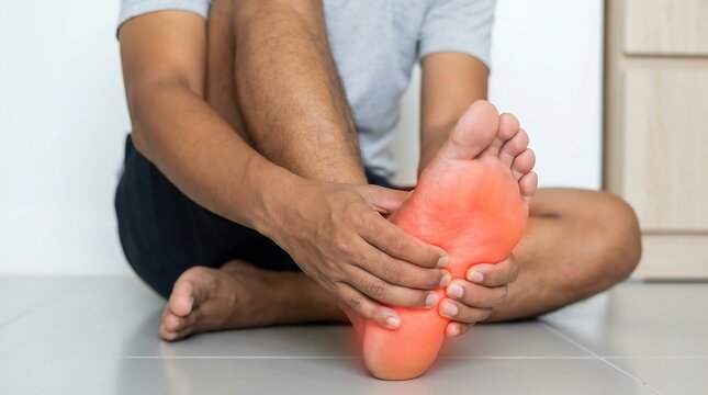 Person holding injured foot showing red inflammation on sole indicating pain and discomfort from plantar fasciitis or sprain affecting mobility and activity, seeking relief and treatment options.