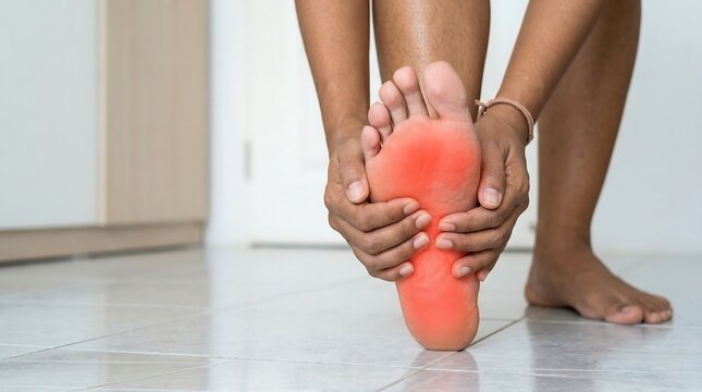 Close-up of person holding foot showing red inflammation on sole, emphasizing pain and discomfort from plantar fasciitis or sprain injury impacting daily life and movement, highlighting medical issue.