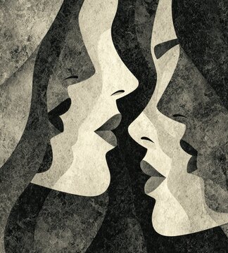 Abstract human faces in profile, identity, unity, and emotional connection