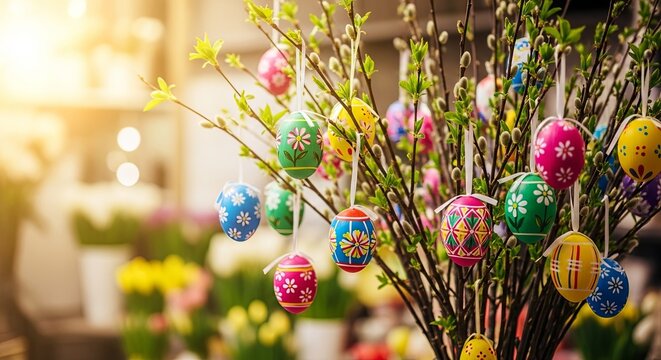 Colorful painted easter eggs hanging from pussy willow branches. Spring floral decoration for easter holiday. Seasonal renewal and celebration concept with vibrant blooms and warm sunlight