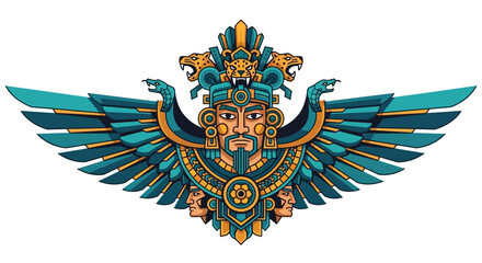 Ancient Aztec Warrior God Illustration with Jaguar Headdress, Turquoise Wings, and Mesoamerican Symbols on White Background © Nastya
