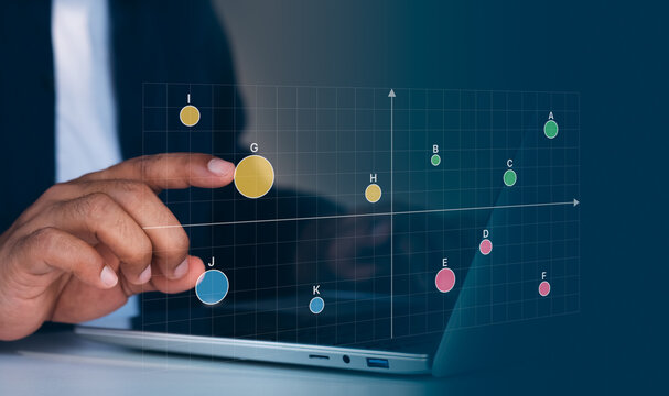 Business market positioning analysis, scatter matrix chart on digital interface laptop, finger selecting data point, competitive analysis, product positioning strategy, market research visualization