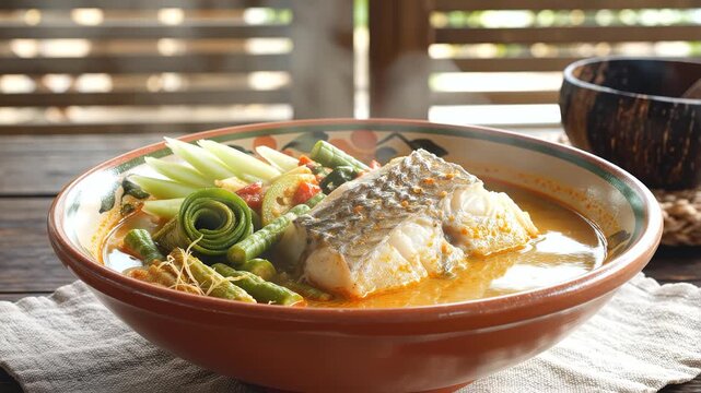 Authentic Thai Gaeng Som Sour Fish Curry Close-Up, Traditional Seaside Dining Commercial Video 4K