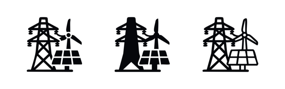Renewable energy icon set, power tower with solar panel and wind turbine symbol