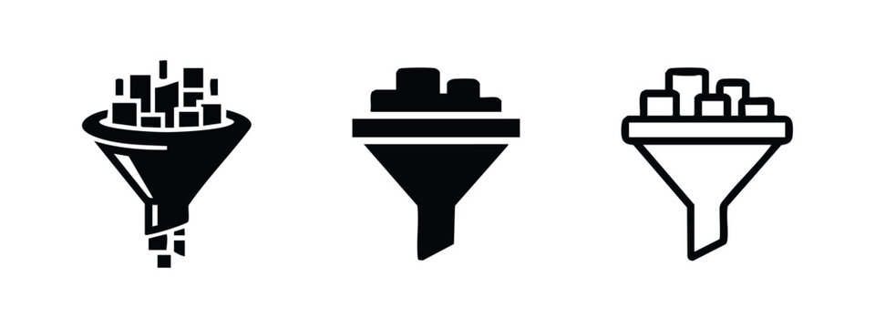 Data Funnel with Blocks Icon Set, Information Filtering and Sorting Process, Business Conversion Funnel Icon Collection