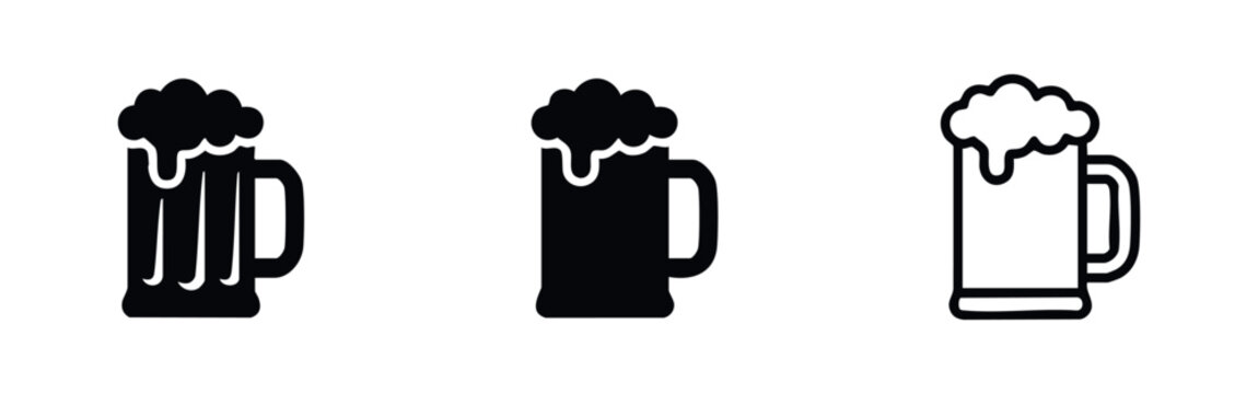 Beer Mug and Stein Icon Set with Foam, Alcoholic Beverage Glass Icons, Oktoberfest Drink Symbols