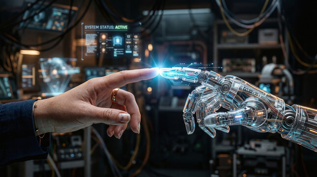 Futuristic Close-up of Human Finger Touching Robotic Hand with Blue Energy Spark, Concept of AI Connection and Human-Robot Collaboration
