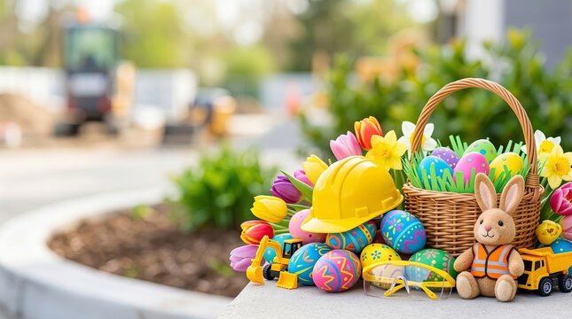 Colorful easter eggs in woven basket with bunny and tulips beside construction hard hat and toy excavator. Fun holiday theme blending spring celebration and building worker concept for seasonal