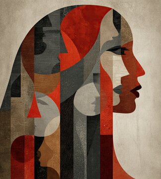 Abstract female profile composed of multiple faces, identity, emotions, and inner complexity